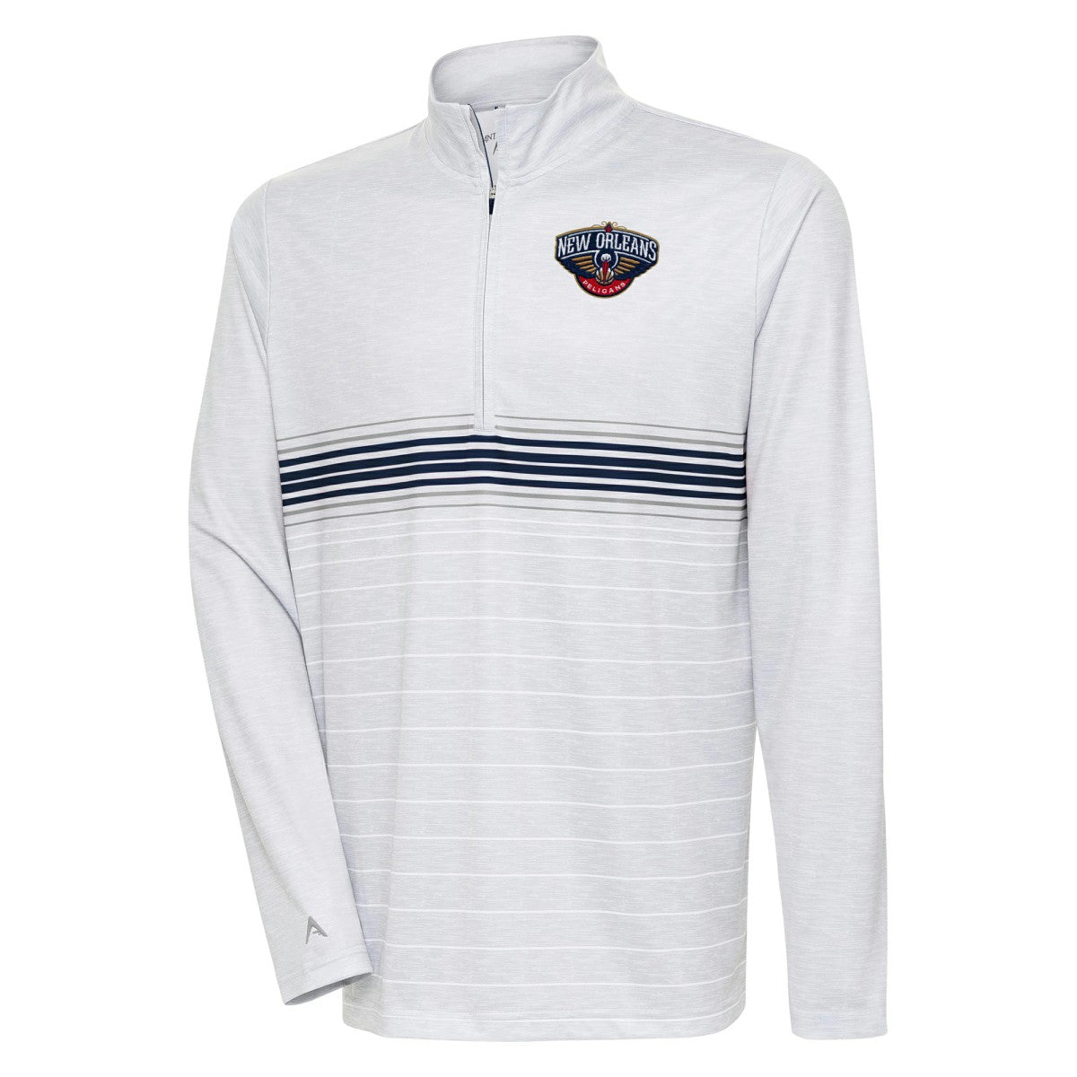 NBA - New Orleans Pelicans Antigua Bullseye Quarter-Zip Pullover Top - Heather Gray/Navy