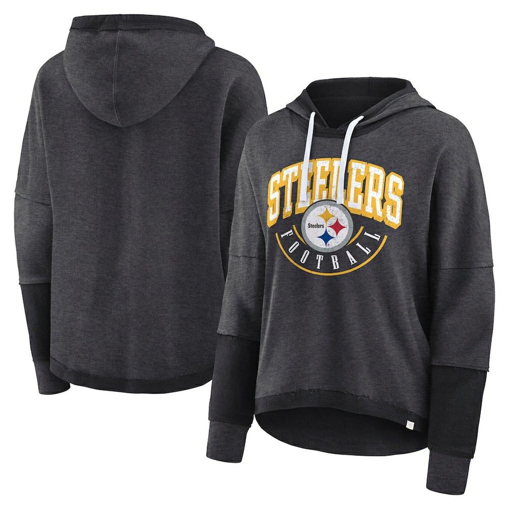 Pittsburgh Steelers Women's Lightewight Modest Crop Lounge Helmet Arch Pullover Hoodie Charcoal - Fanatics