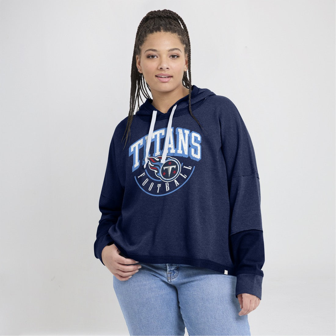 Tennessee Titans Women's Lightewight Modest Crop Lounge Helmet Arch Pullover Hoodie Navy - Fanatics