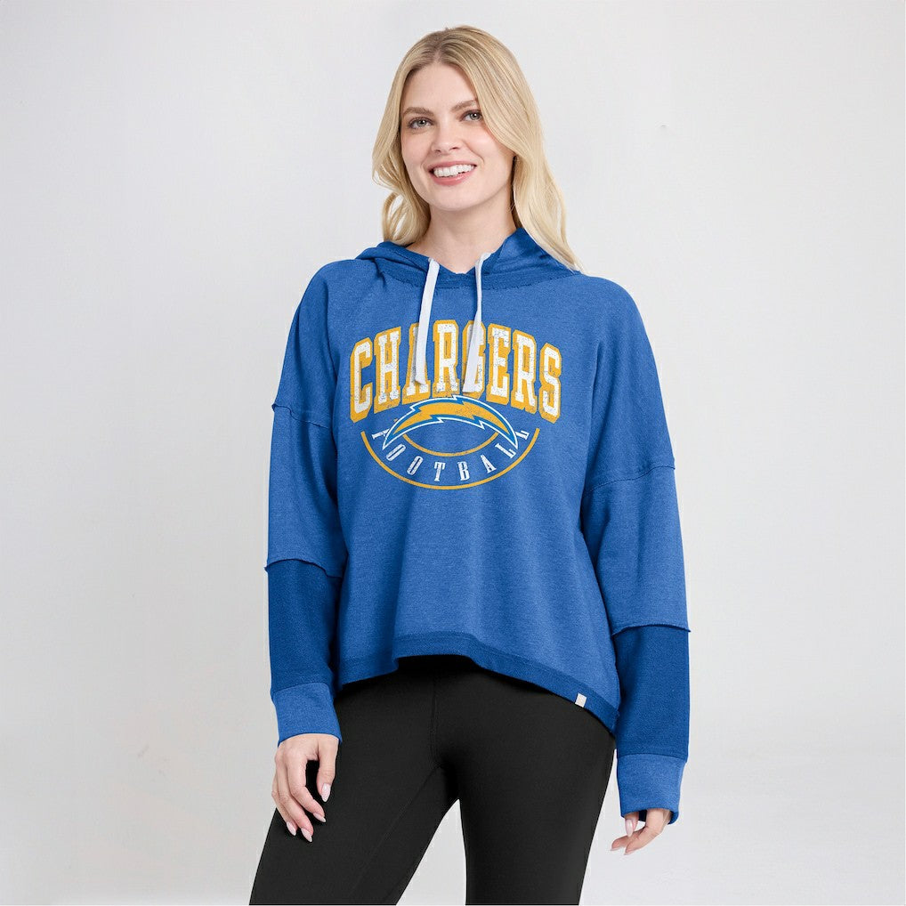 Los Angeles Chargers Women's Lightewight Modest Crop Lounge Helmet Arch Pullover Hoodie Powder Blue - Fanatics