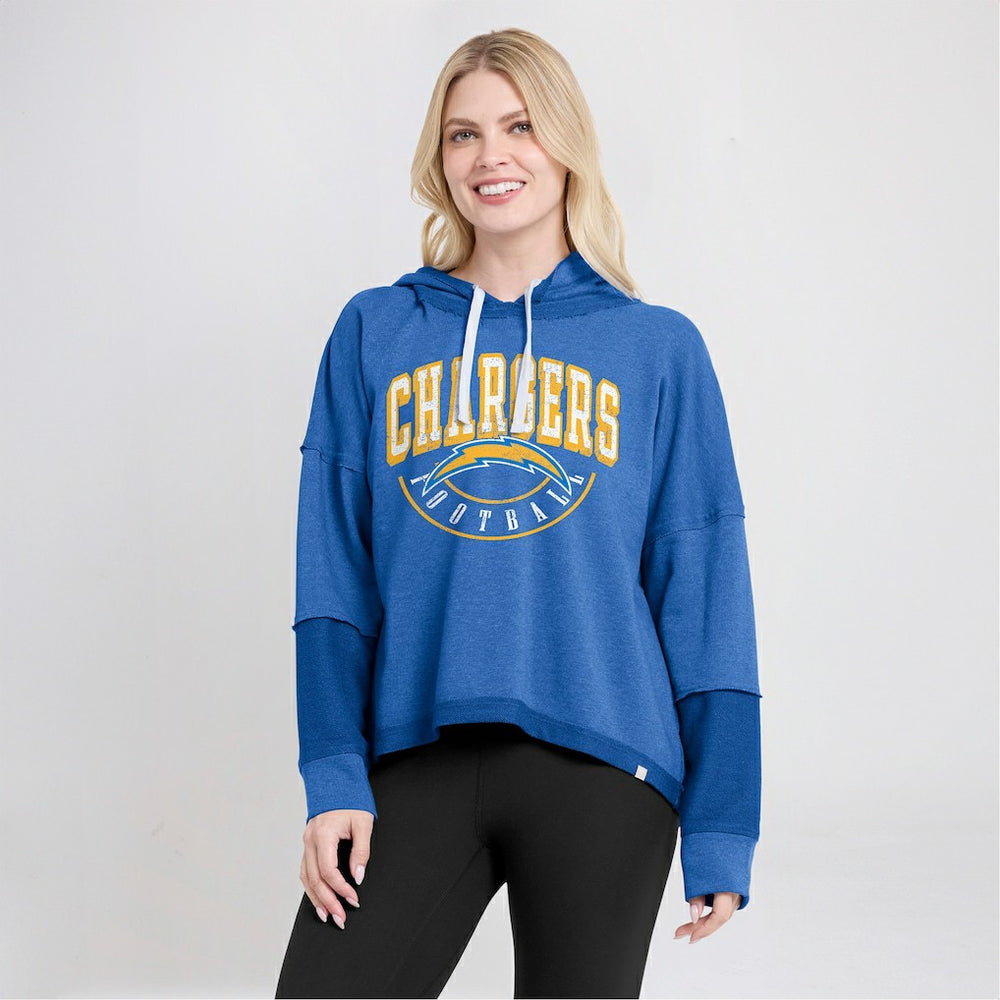 Los Angeles Chargers Women's Lightewight Modest Crop Lounge Helmet Arch Pullover Hoodie Powder Blue - Fanatics