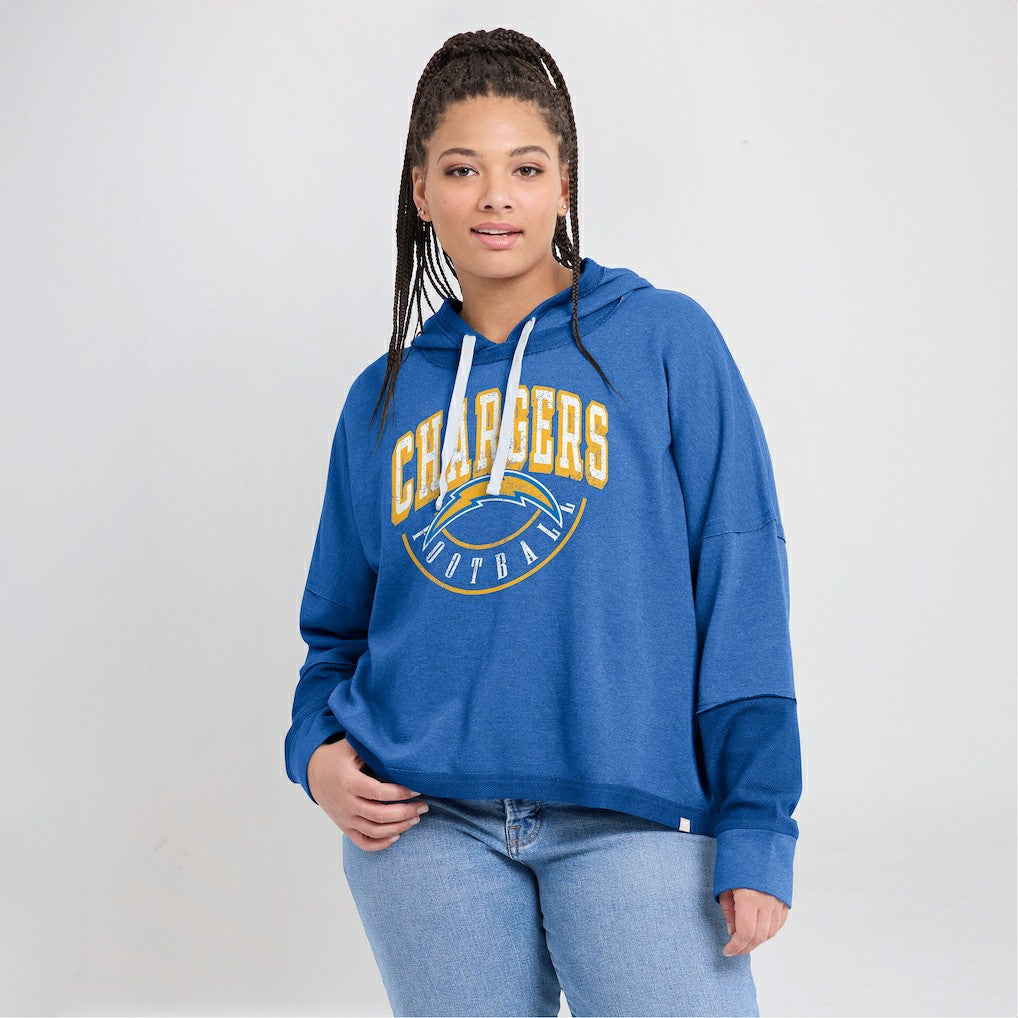 Los Angeles Chargers Women's Lightewight Modest Crop Lounge Helmet Arch Pullover Hoodie Powder Blue - Fanatics