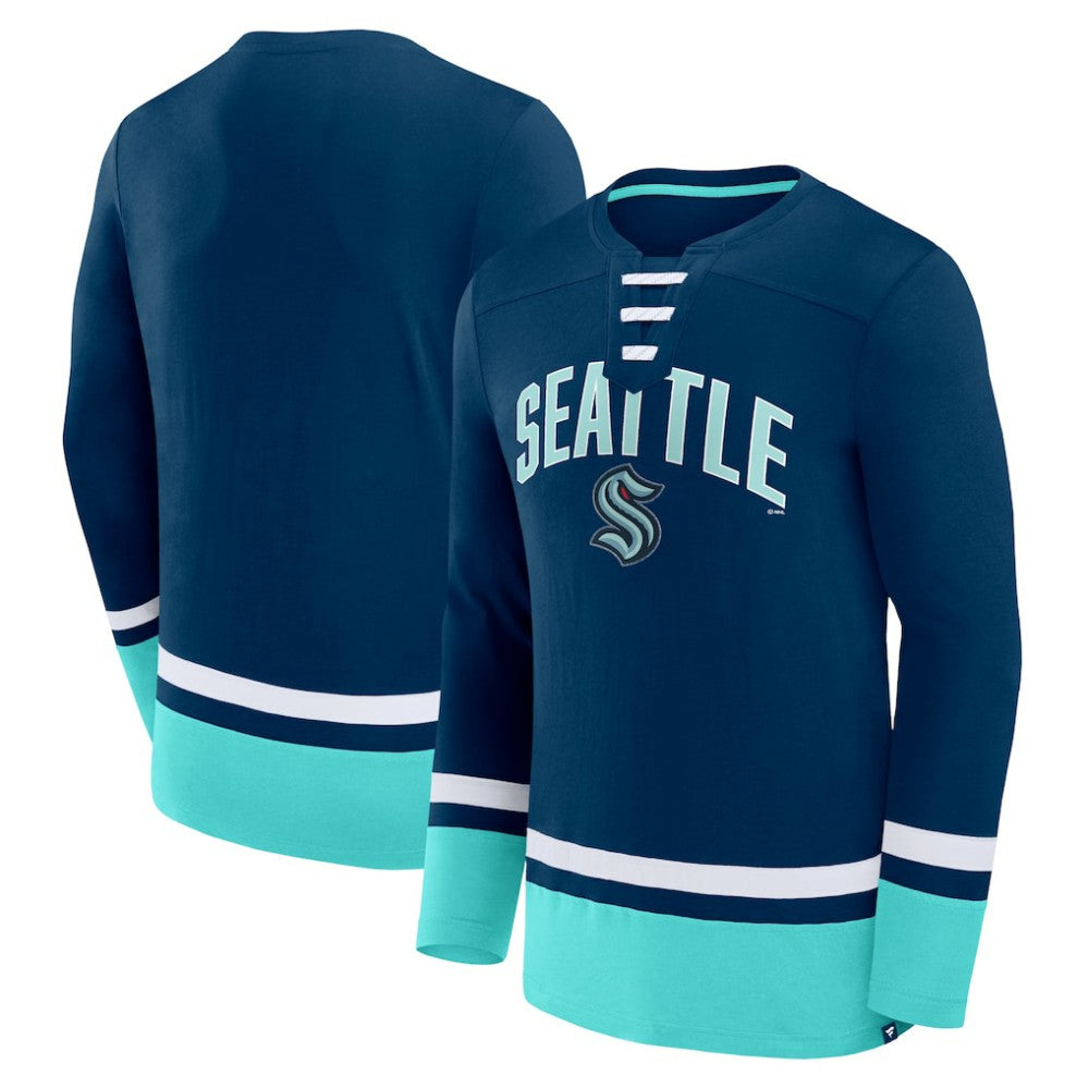 Seattle Kraken Fanatics Back Pass Lace-Up Long Sleeve T-Shirt Deep Sea Blue