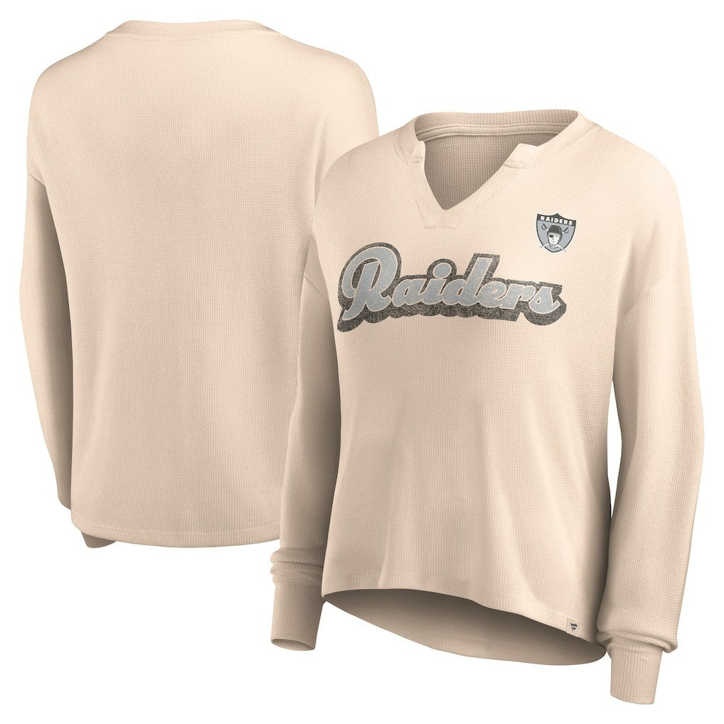 Las Vegas Raiders Women's Go For It Notch Neck Waffle Knit Lightweight Long Sleeve T-Shirt Tan - Fanatics