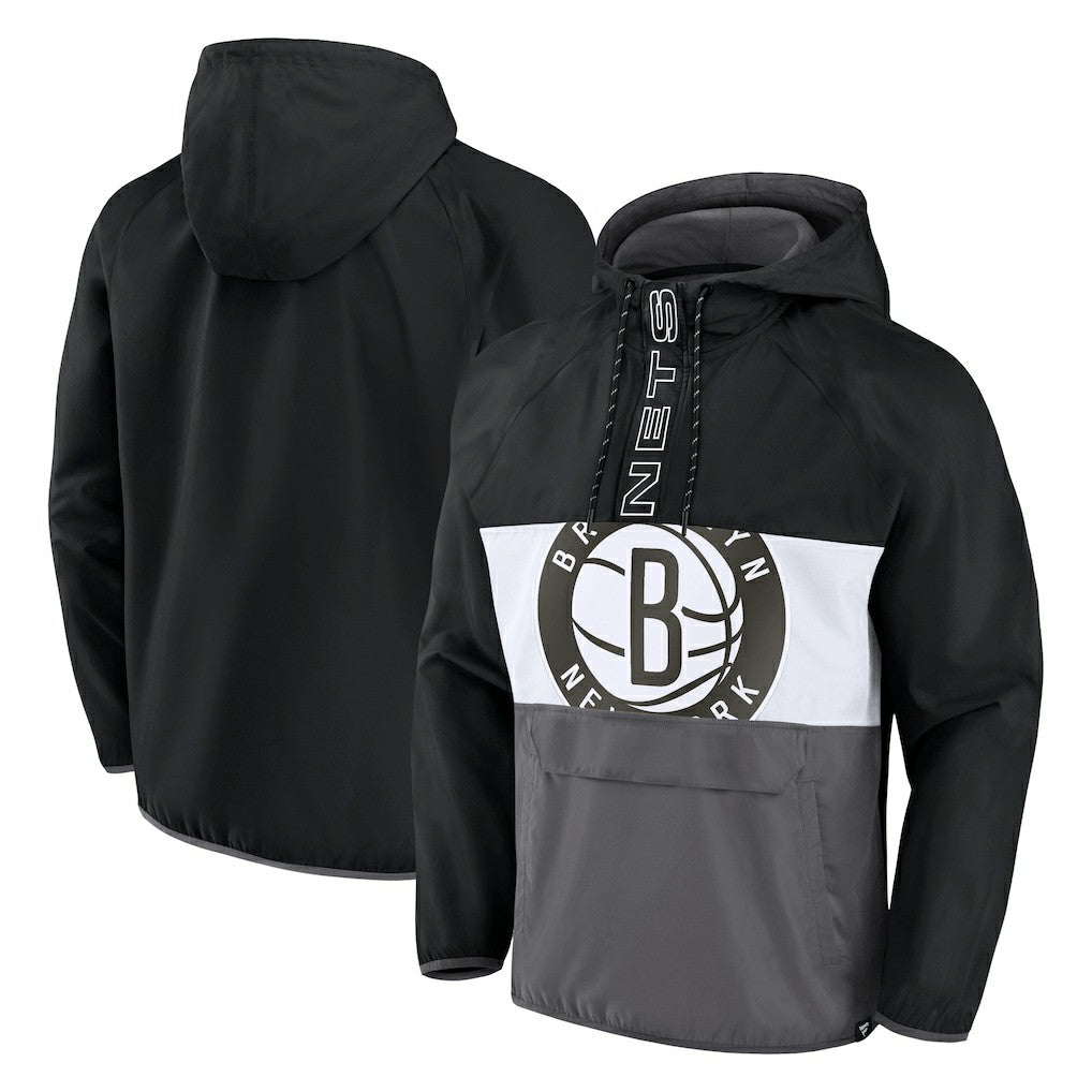 Fanatics - Brooklyn Nets Anorak Flagrant Foul Color-Block Raglan Hoodie Half-Zip Jacket - Black/Gray