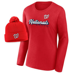 Washington Nationals Fanatics Women's Run The Bases Long Sleeve T-Shirt & Cuffed Knit Hat with Pom Combo Set Lifestyle