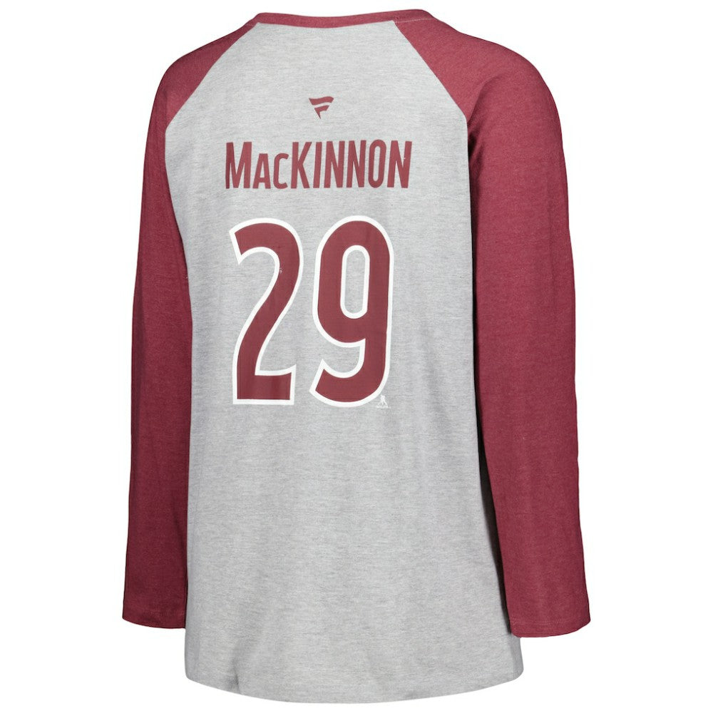 Nathan MacKinnon Colorado Avalanche - Fanatics Women's Plus Size Name & Number Raglan Long Sleeve T-Shirt Heather Gray/Heather Burgundy