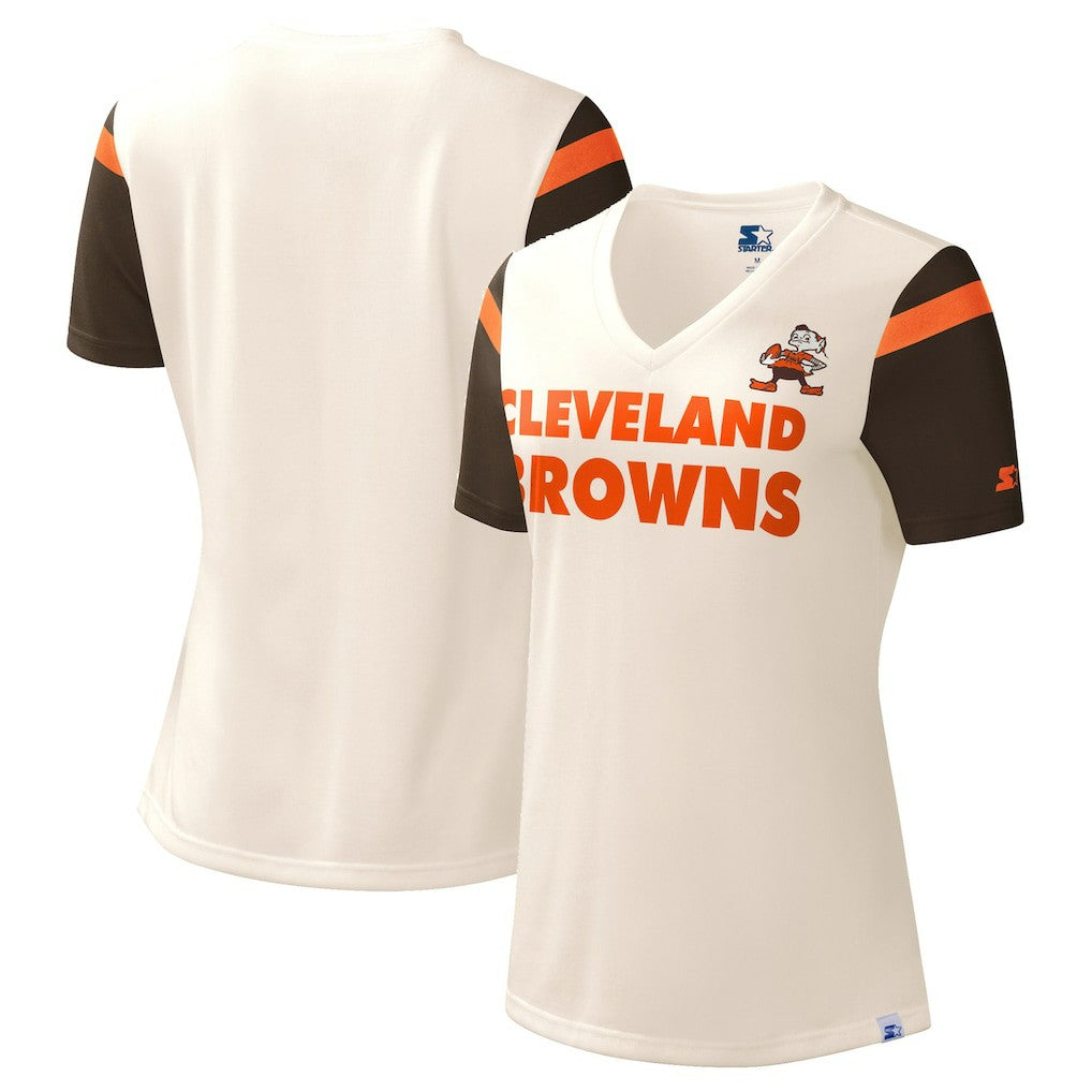 Cleveland Browns Starter Women's Kick Start V-Neck T-Shirt Cream - NFL
