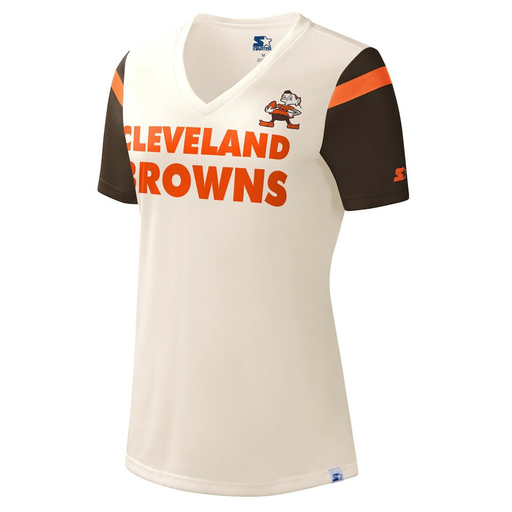 Cleveland Browns Starter Women's Kick Start V-Neck T-Shirt Cream - NFL