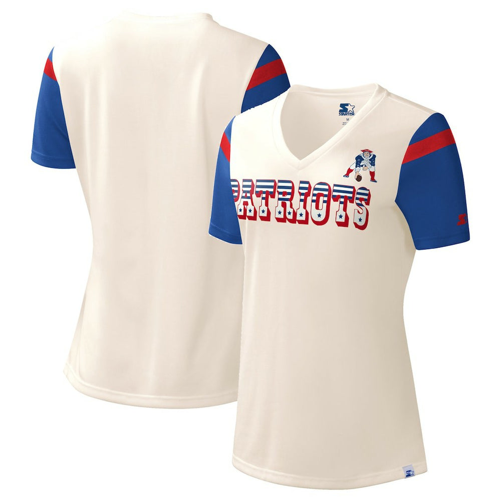 New England Patriots Starter Women's Kick Start V-Neck T-Shirt Cream - NFL