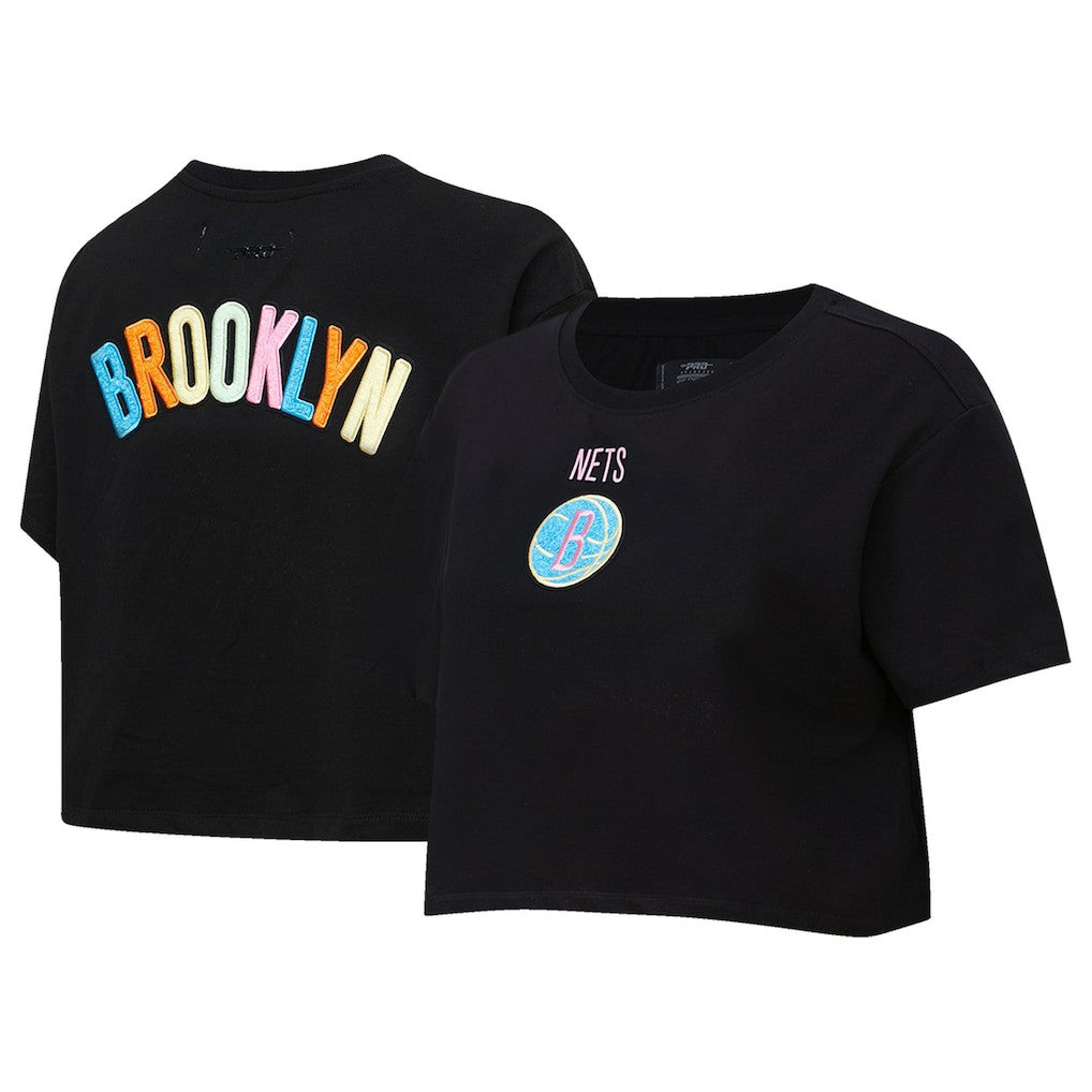 NBA - Brooklyn Nets Pro Standard Women's Washed Neon Cropped Boxy T-Shirt - Black