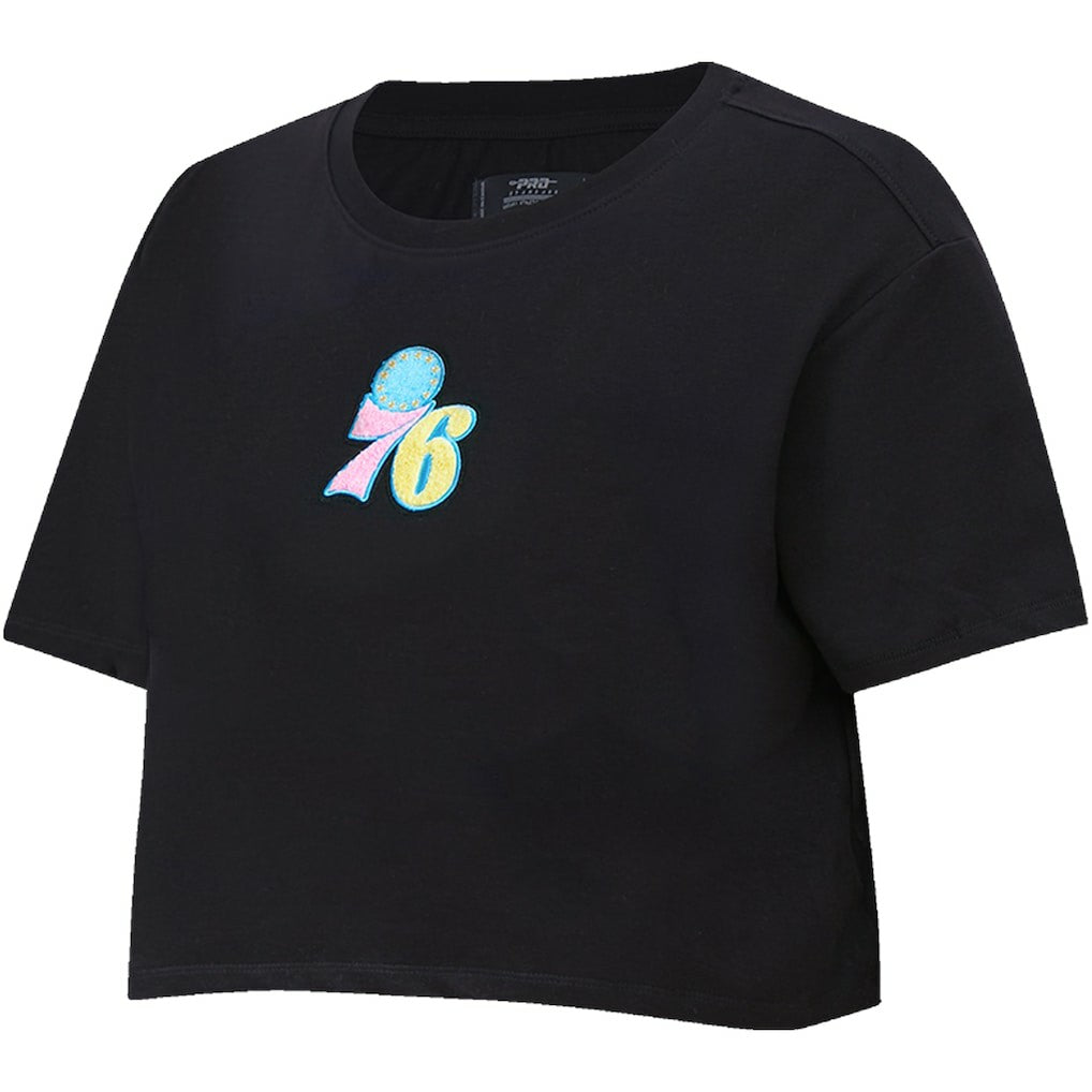 NBA - Philadelphia 76ers Pro Standard Women's Washed Neon Cropped Boxy T-Shirt - Black