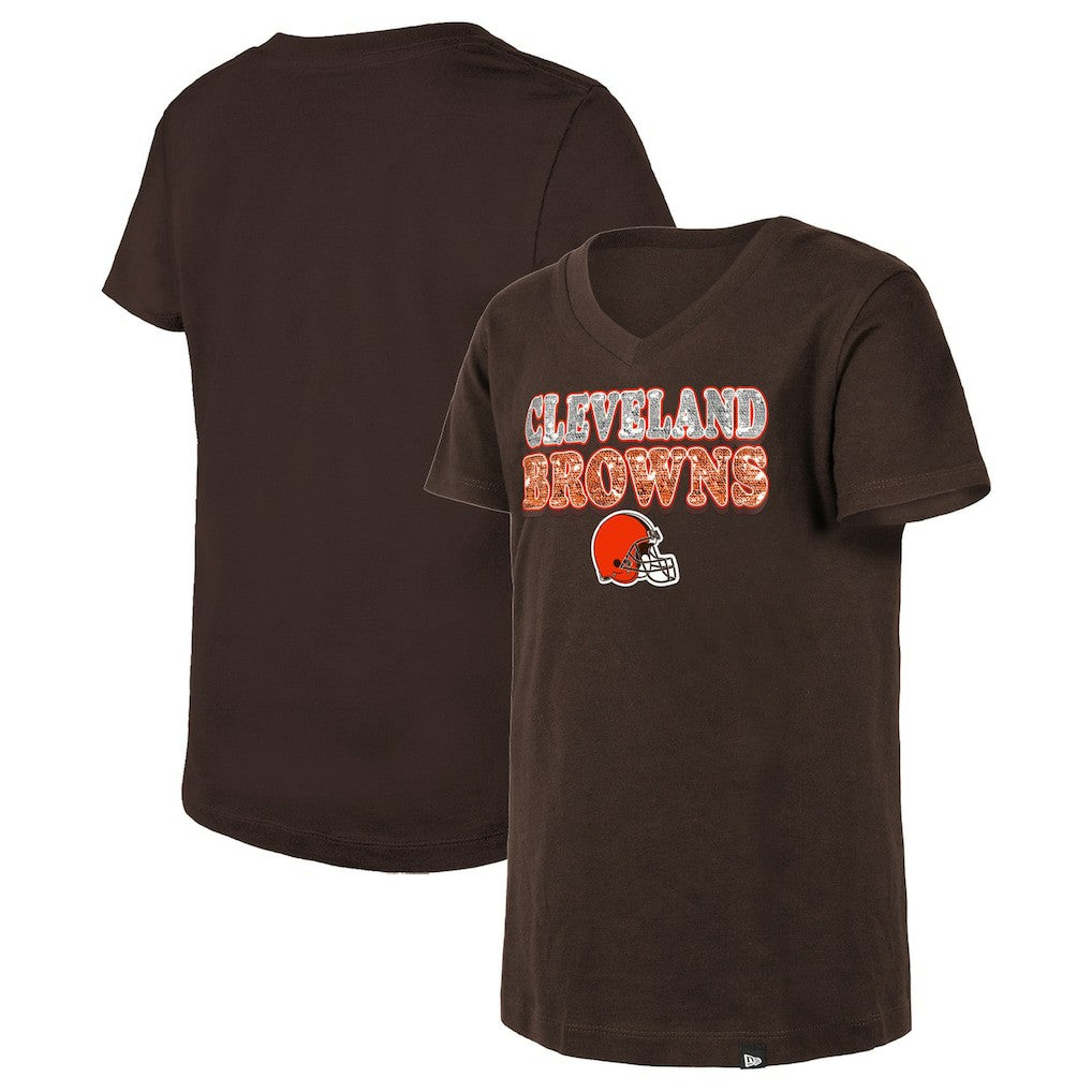 Cleveland Browns New Era Girls Youth Reverse Sequin V-Neck T-Shirt Brown - NFL