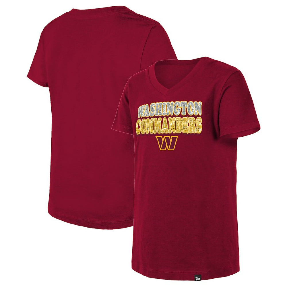 Washington Commanders New Era Girls Youth Reverse Sequin V-Neck T-Shirt Burgundy - NFL