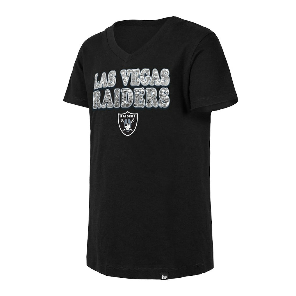 Las Vegas Raiders New Era Girls Youth Reverse Sequin V-Neck T-Shirt Black - NFL