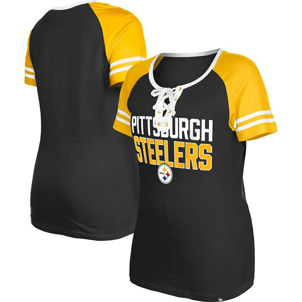 Pittsburgh Steelers New Era Women's Raglan Lace-Up T-Shirt Black - NFL