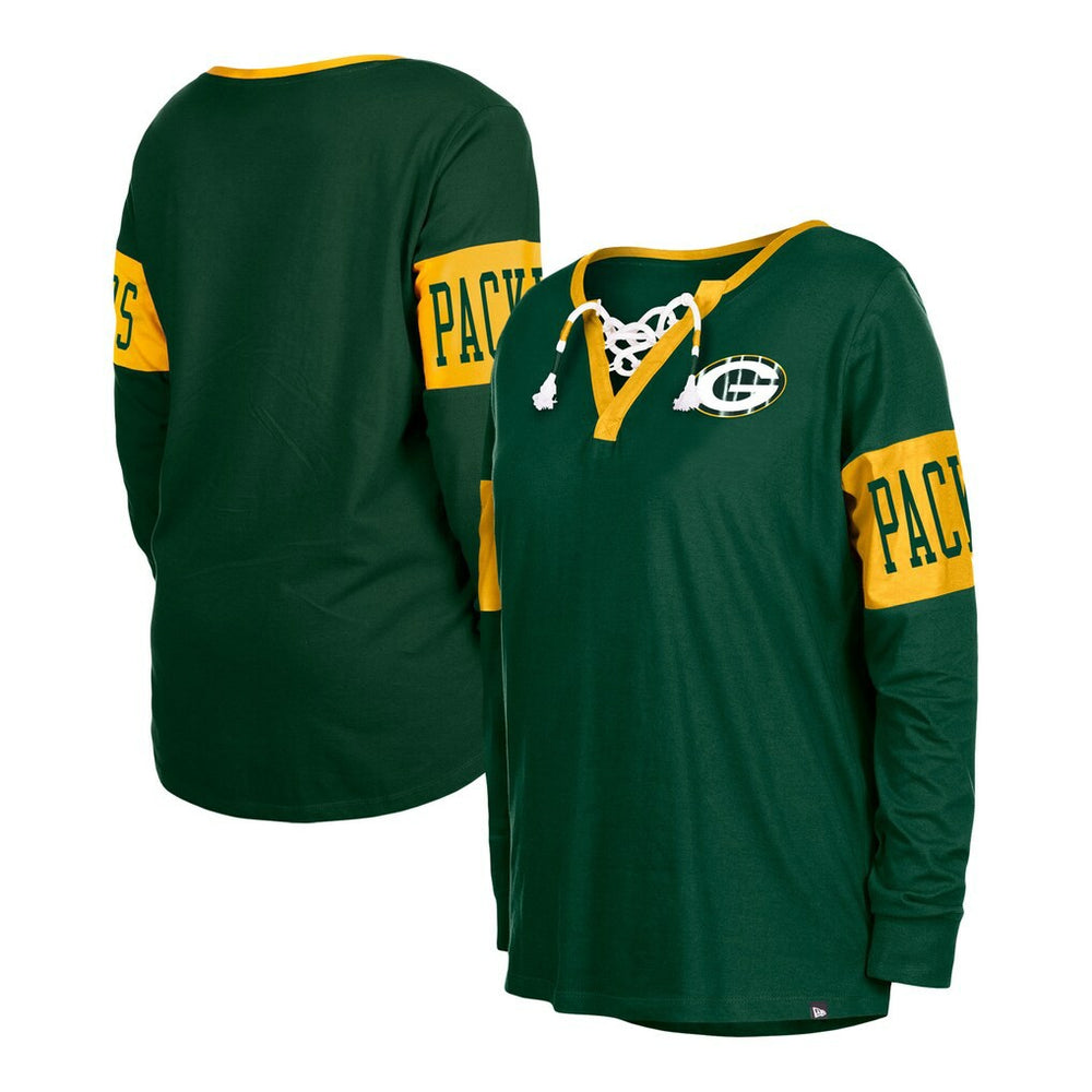 Green Bay Packers New Era Women's Lace-Up Notch Neck Long Sleeve T-Shirt Green - NFL