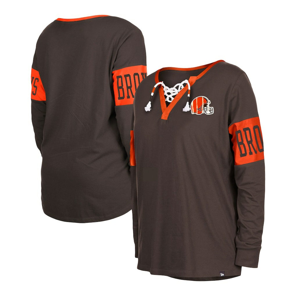 Cleveland Browns New Era Women's Lace-Up Notch Neck Long Sleeve T-Shirt Brown - NFL