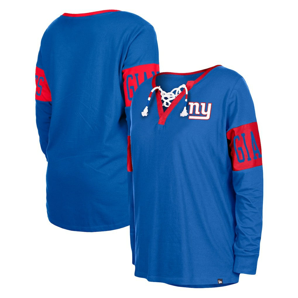 New York Giants New Era Women's Lace-Up Notch Neck Long Sleeve T-Shirt Royal - NFL