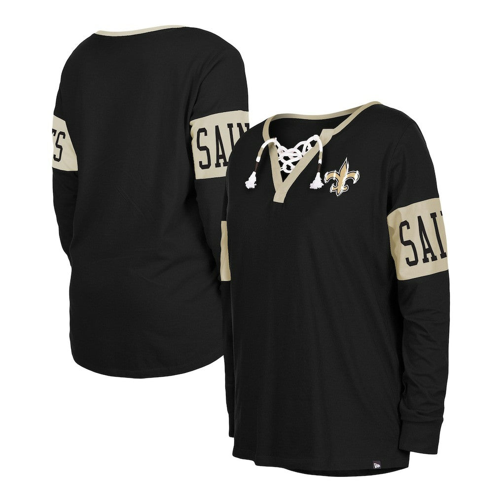 New Orleans Saints New Era Women's Lace-Up Notch Neck Long Sleeve T-Shirt Black - NFL