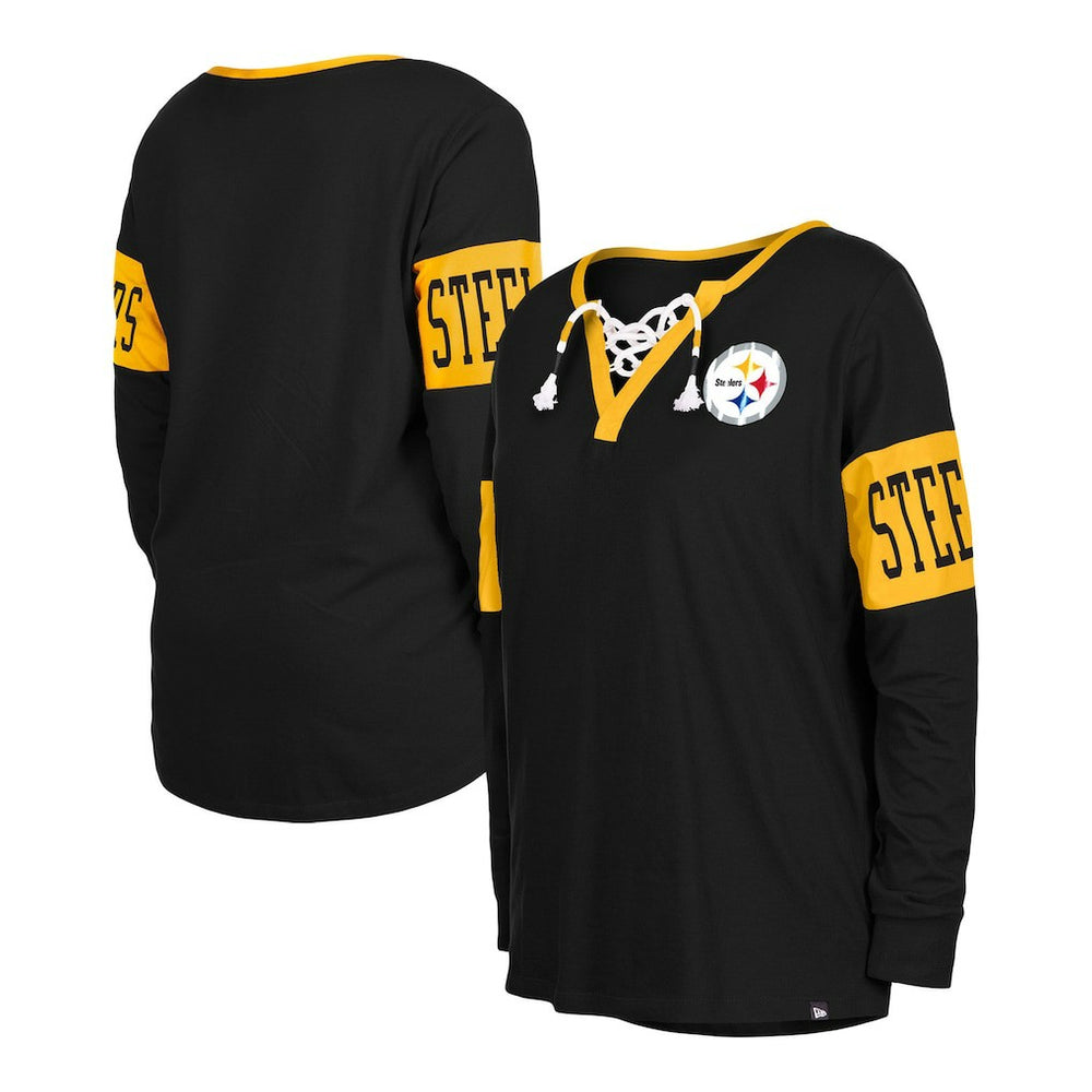 Pittsburgh Steelers New Era Women's Lace-Up Notch Neck Long Sleeve T-Shirt Black - NFL