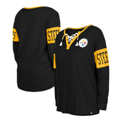 Pittsburgh Steelers New Era Women's Lace-Up Notch Neck Long Sleeve T-Shirt Black - NFL