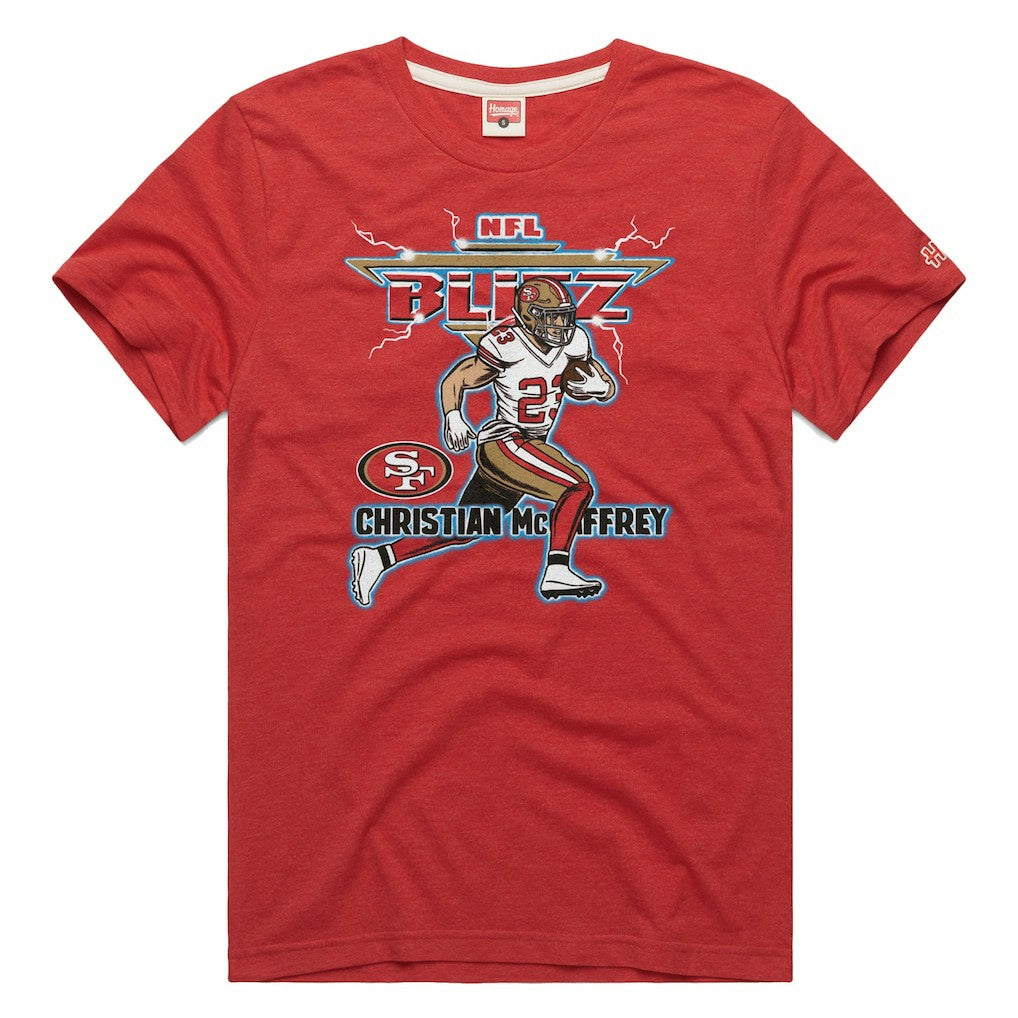 Christian McCaffrey San Francisco 49ers Homage Unisex NFL Blitz Player Tri-Blend T-Shirt Heathered Scarlet - NFL