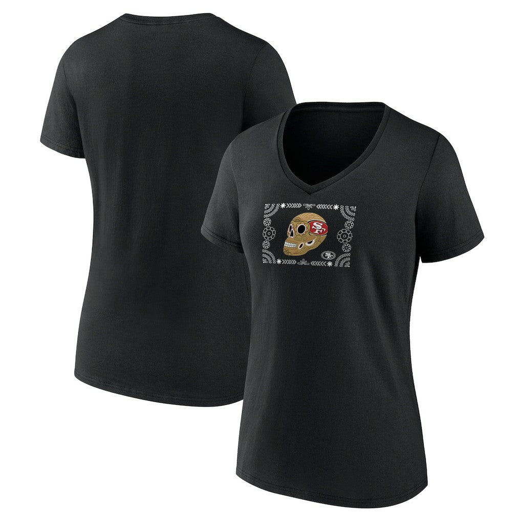 San Francisco 49ers Women's Sugar Skull V-Neck T-Shirt Black - NFL