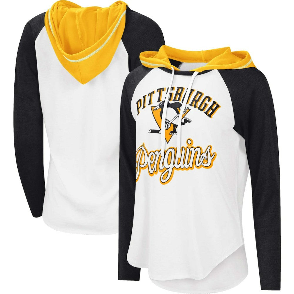 Pittsburgh Penguins G-III 4Her by Carl Banks Women's MVP Raglan Lightweight Hooded T-Shirt White/Heather Black
