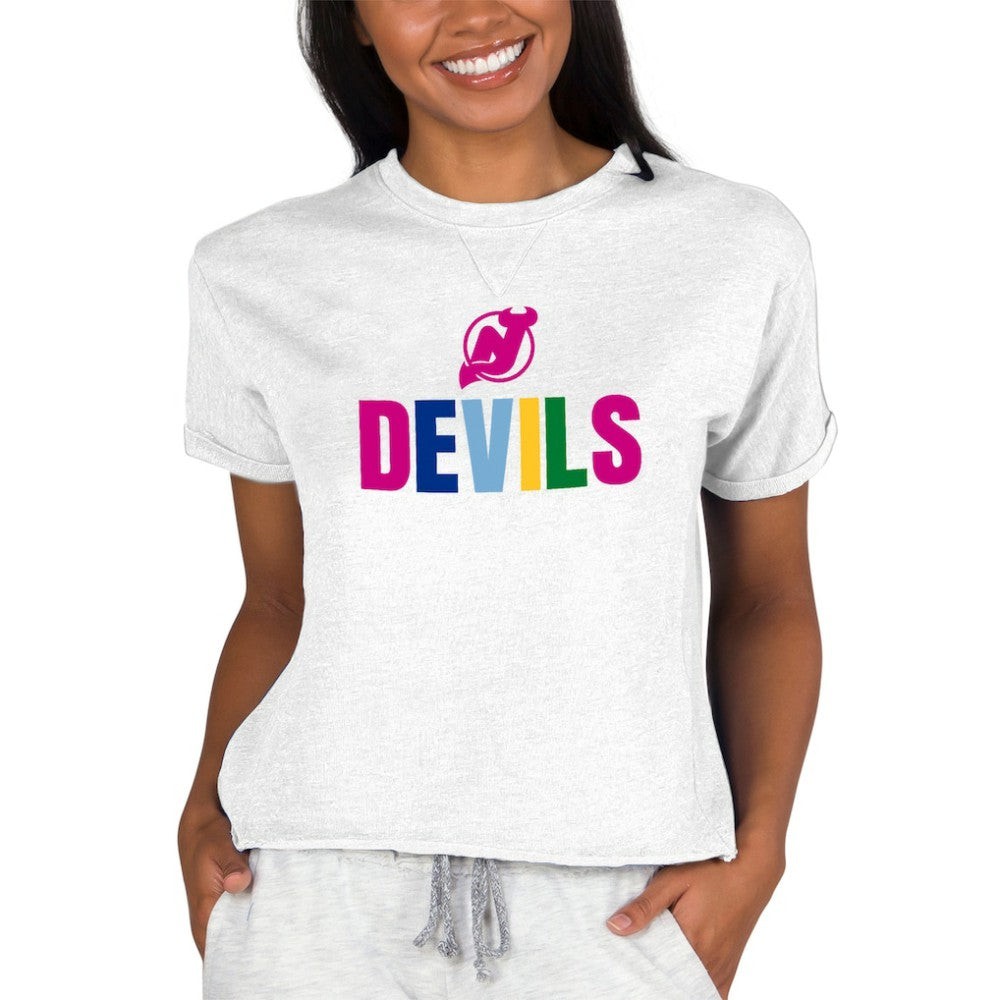 New Jersey Devils - Concepts Sport Women's Tri-Blend Mainstream Terry Short Sleeve Sweatshirt Top Oatmeal