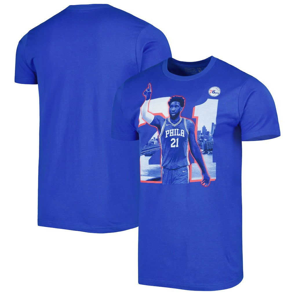 NBA - Joel Embiid Philadelphia 76ers Stadium Essentials Unisex Player Skyline T-Shirt - Royal