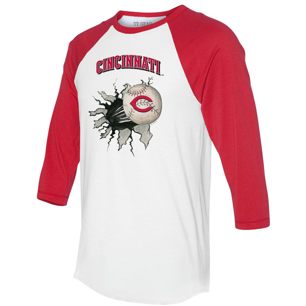 Cincinnati Reds Tiny Turnip Women's Baseball Tear 3/4-Sleeve Raglan T-Shirt Clearance