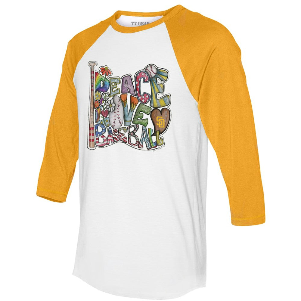 San Diego Padres Tiny Turnip Women's Peace Love Baseball 3/4-Sleeve Raglan T-Shirt Clearance