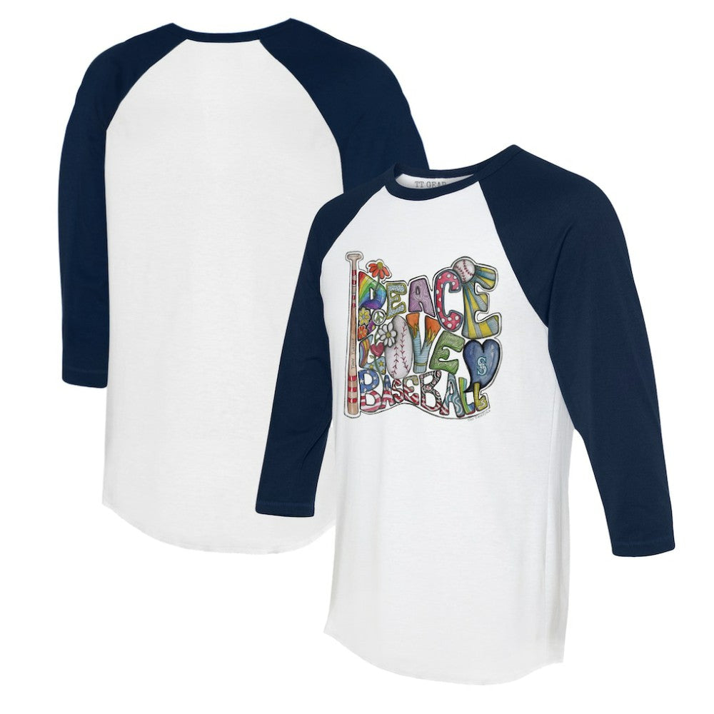 Seattle Mariners Tiny Turnip Women's Peace Love Baseball 3/4-Sleeve Raglan T-Shirt for sale