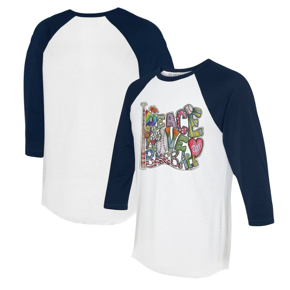 Washington Nationals Tiny Turnip Women's Peace Love Baseball 3/4-Sleeve Raglan T-Shirt On Sale