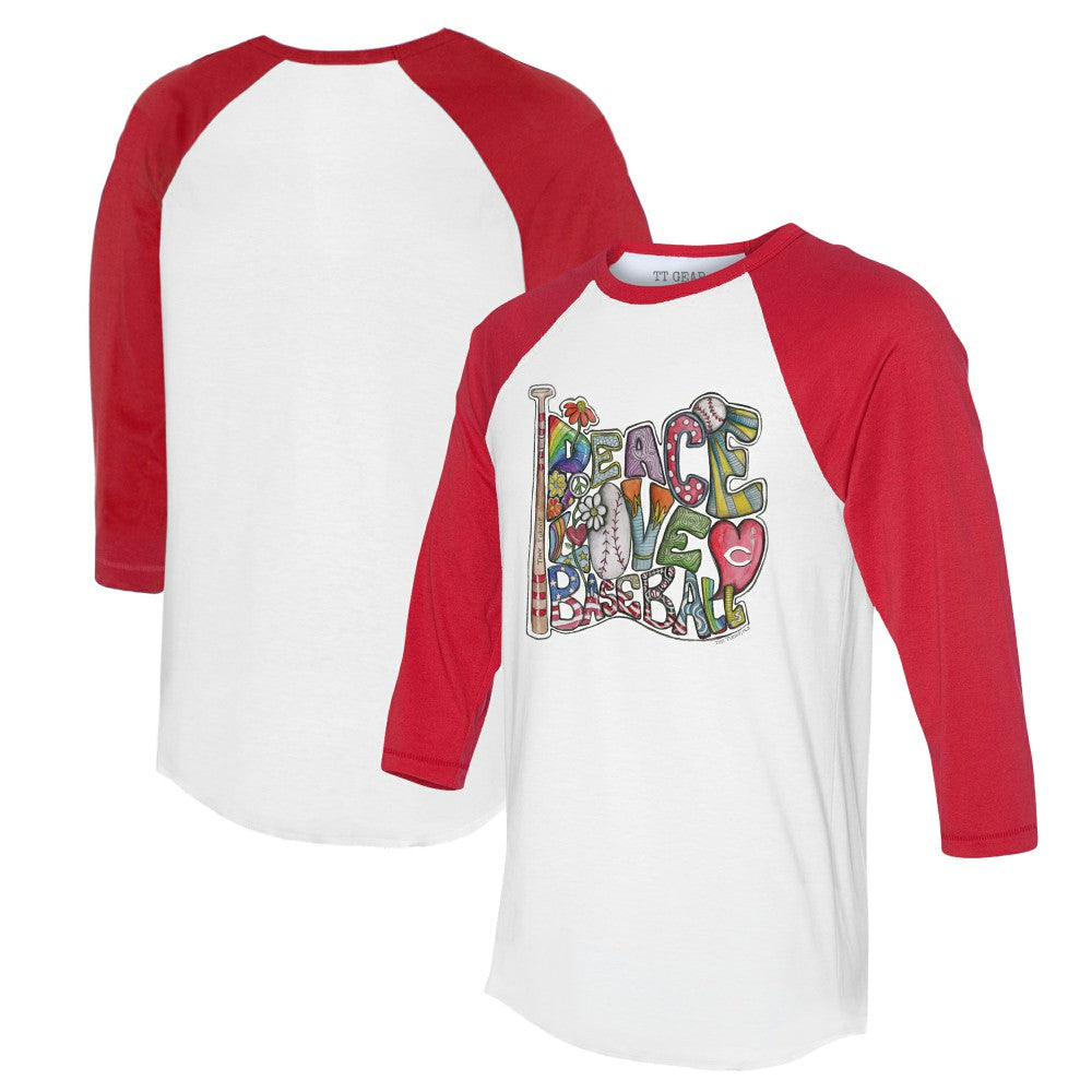 Cincinnati Reds Tiny Turnip Women's Peace Love Baseball 3/4-Sleeve Raglan T-Shirt Online