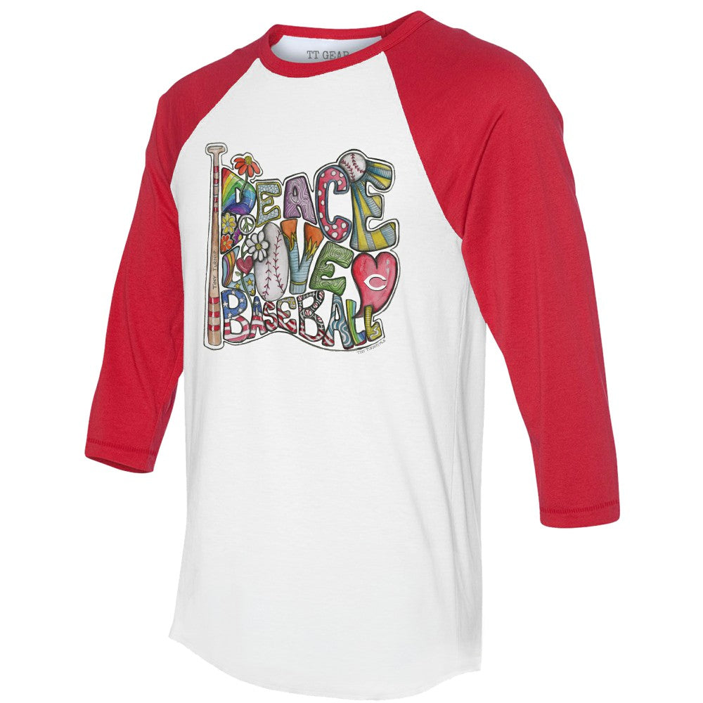 Cincinnati Reds Tiny Turnip Women's Peace Love Baseball 3/4-Sleeve Raglan T-Shirt Online