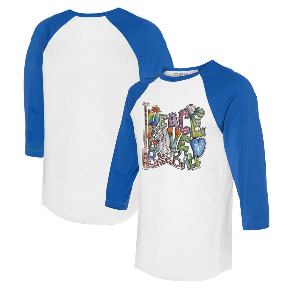 Kansas City Royals Tiny Turnip Women's Peace Love Baseball 3/4-Sleeve Raglan T-Shirt for sale