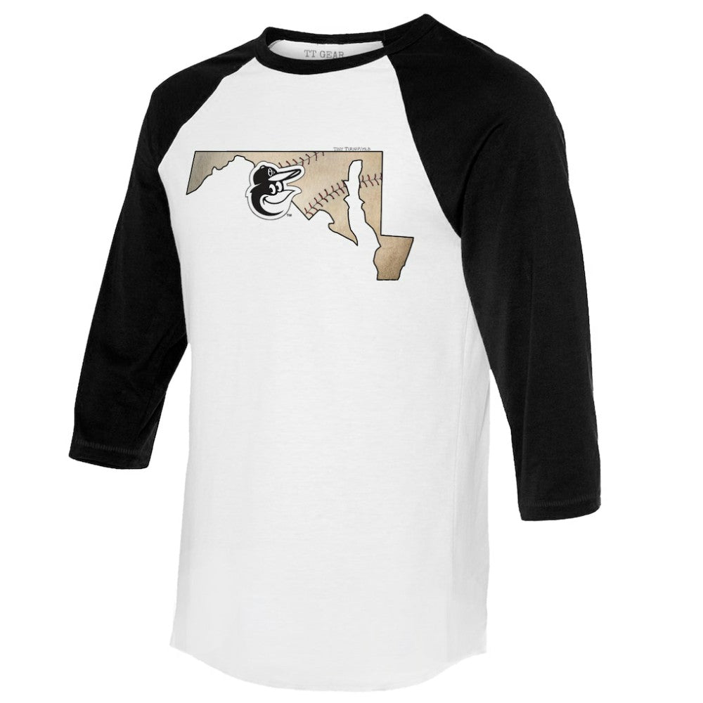 Baltimore Orioles Tiny Turnip Unisex State Outline 3/4-Sleeve Raglan T-Shirt Lifestyle