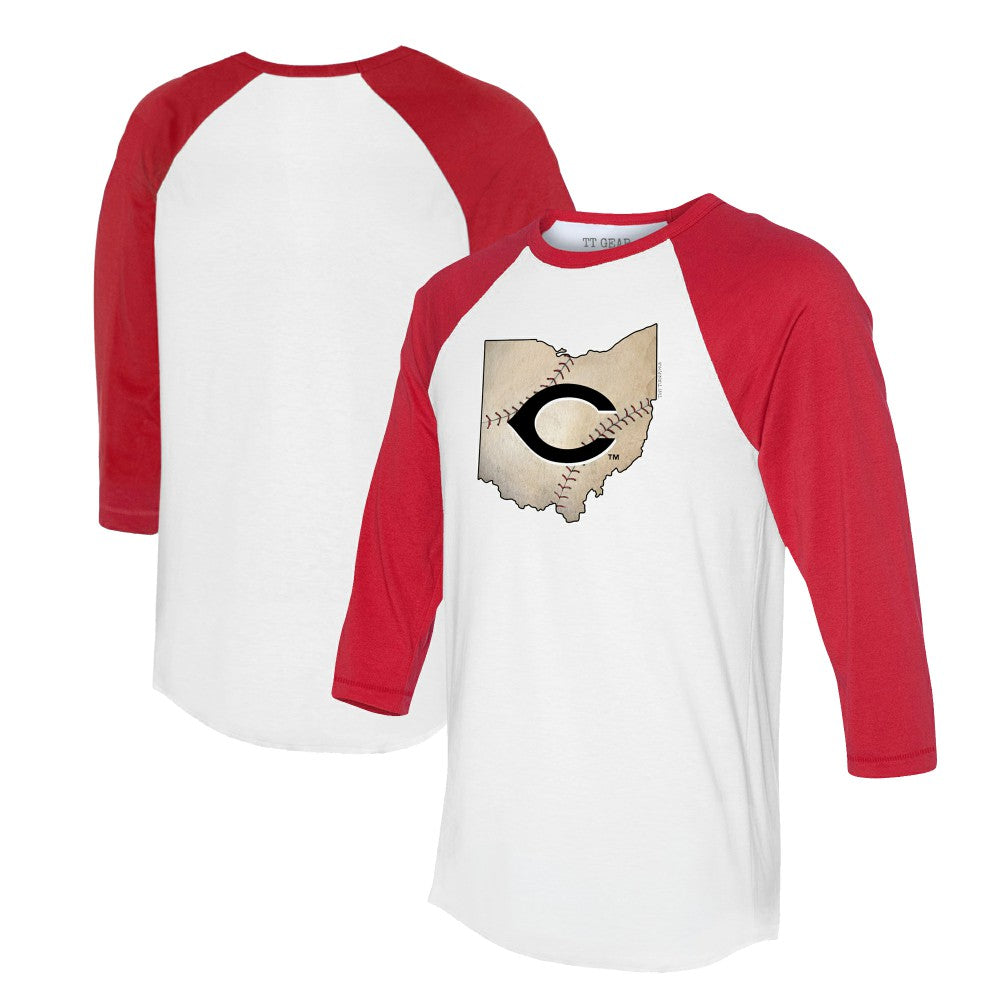 Cincinnati Reds Tiny Turnip Unisex State Outline 3/4-Sleeve Raglan T-Shirt Lifestyle