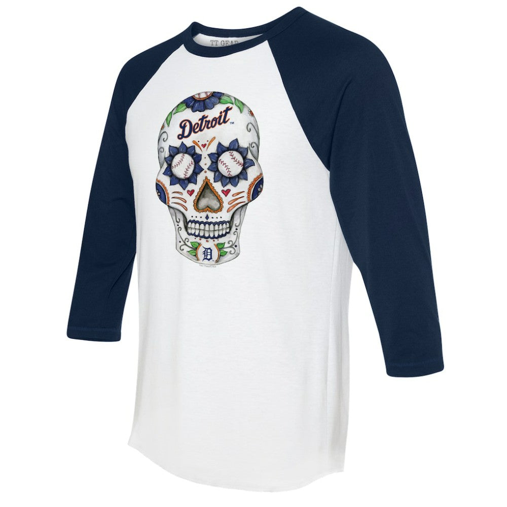 Detroit Tigers Tiny Turnip Unisex Sugar Skull 3/4-Sleeve Raglan T-Shirt Clearance