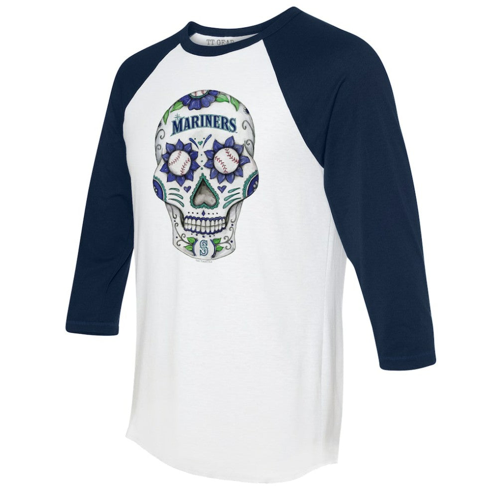 Seattle Mariners Tiny Turnip Unisex Sugar Skull 3/4-Sleeve Raglan T-Shirt Clearance