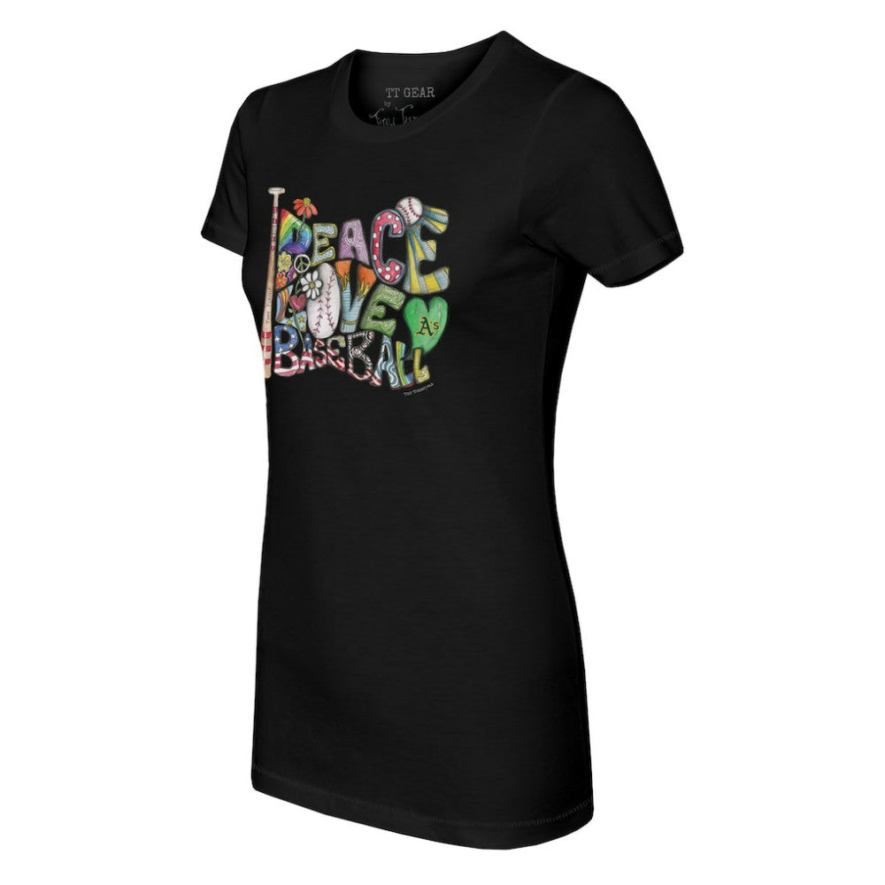 Athletics Tiny Turnip Women's Peace Love Baseball Fitted T-Shirt for sale