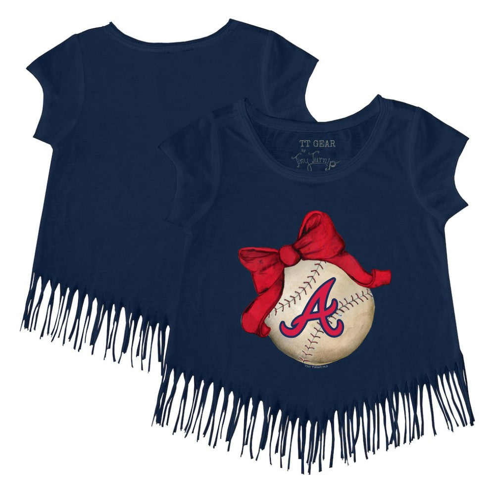 Atlanta Braves Tiny Turnip Girls Youth Baseball Bow Fringe T-Shirt Clearance