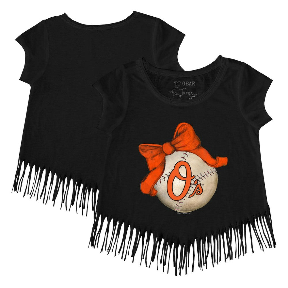 Baltimore Orioles Tiny Turnip Girls Youth Baseball Bow Fringe T-Shirt Sale