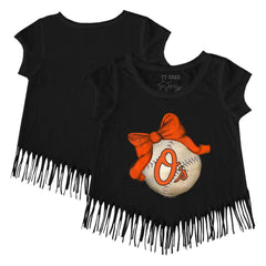 Baltimore Orioles Tiny Turnip Girls Youth Baseball Bow Fringe T-Shirt Sale