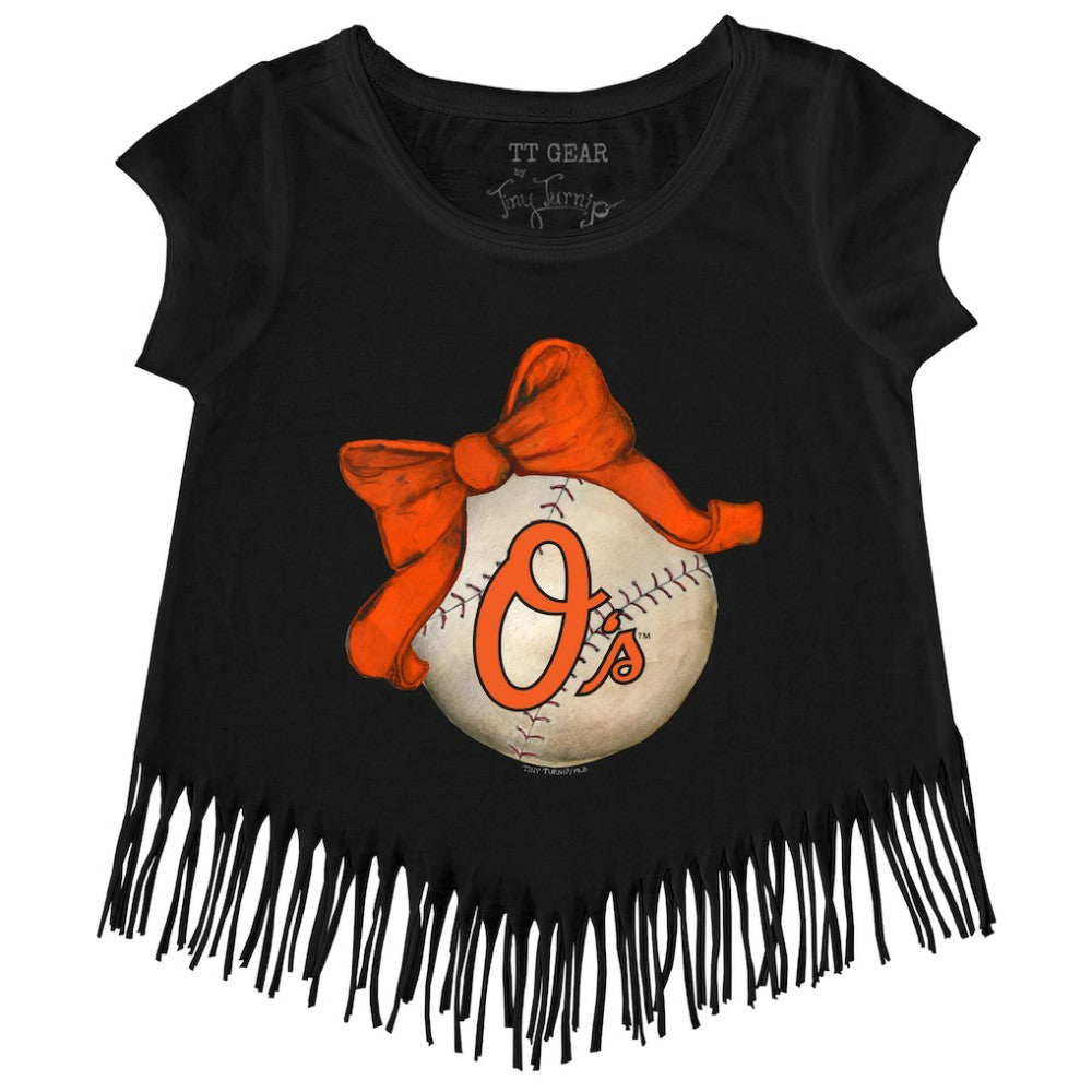 Baltimore Orioles Tiny Turnip Girls Youth Baseball Bow Fringe T-Shirt Sale
