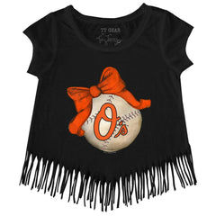 Baltimore Orioles Tiny Turnip Girls Youth Baseball Bow Fringe T-Shirt Sale
