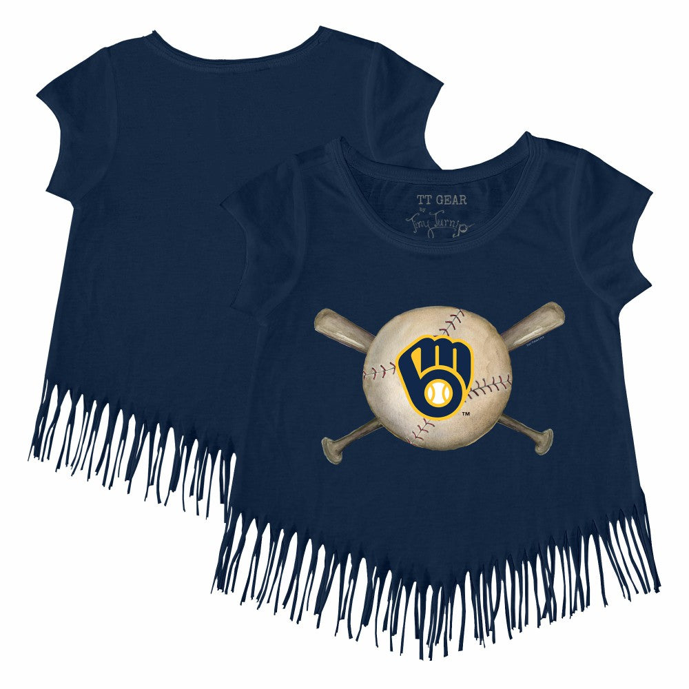 Milwaukee Brewers Tiny Turnip Girls Youth Baseball Cross Bats Fringe T-Shirt for sale
