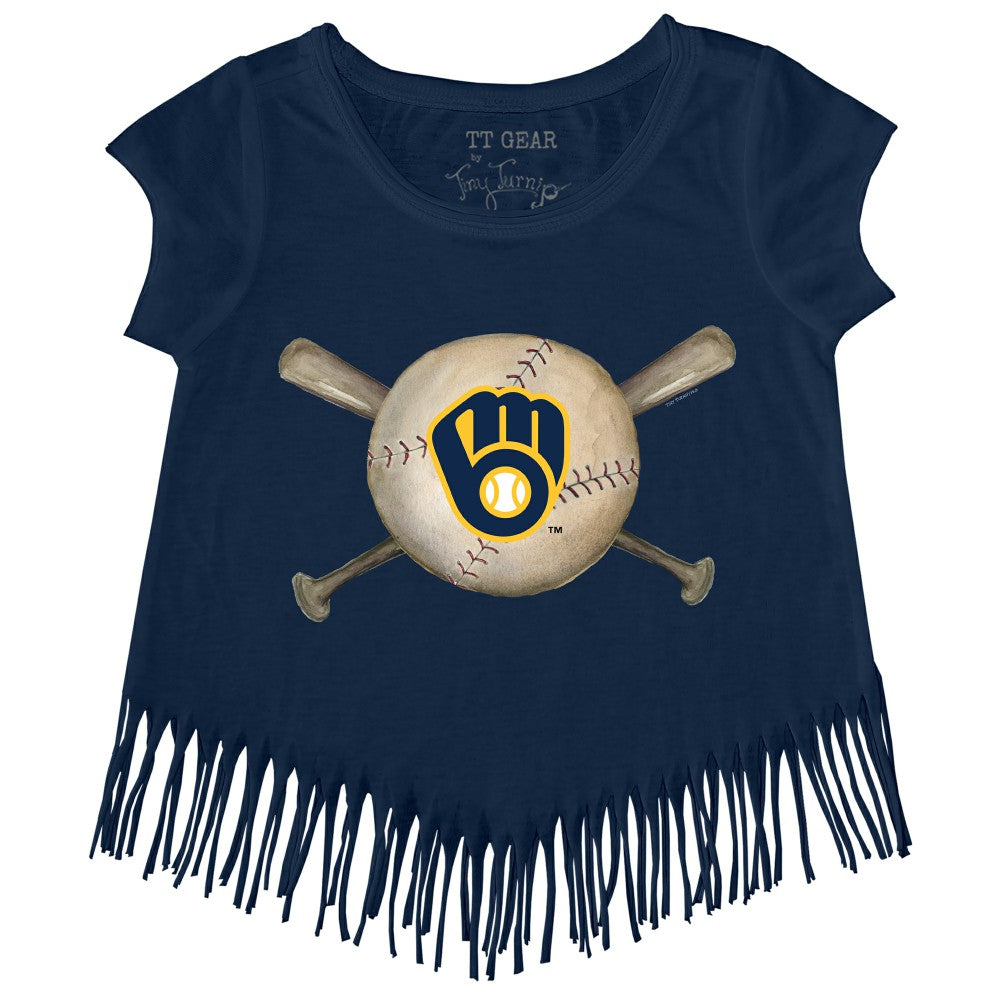 Milwaukee Brewers Tiny Turnip Girls Youth Baseball Cross Bats Fringe T-Shirt for sale